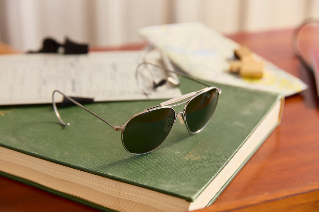 aviator sunglasses on a book