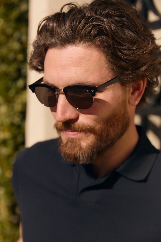 closeup of a man with a beard wearing browline sunglasses